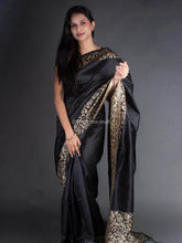 Flosive traditional golden zari work black soft banarasi saree